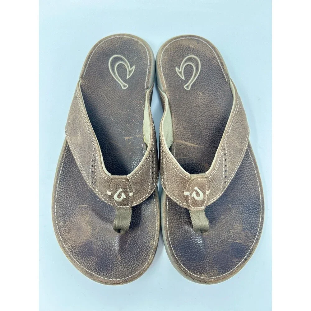 OluKai Men's Nui Brown Leather Flip Flop Sandals Men’s Size 10